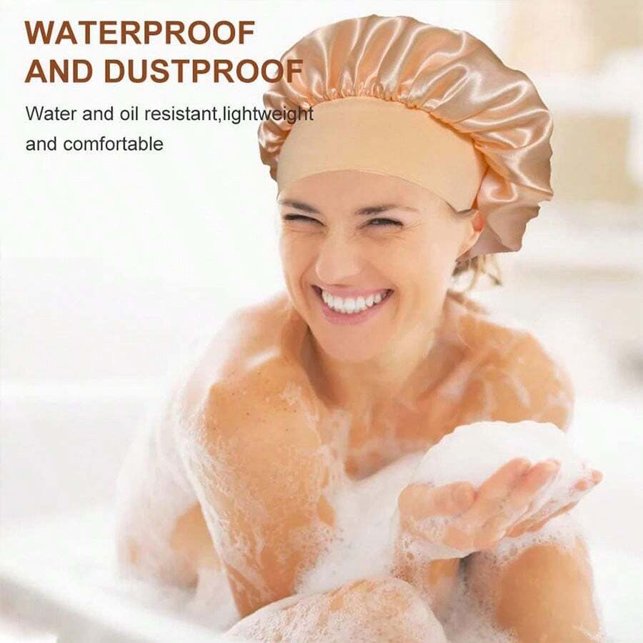 1個多功能女士美容睡眠帽,舒適護髮緞面防水浴帽 - 卡其色 - 查看 1