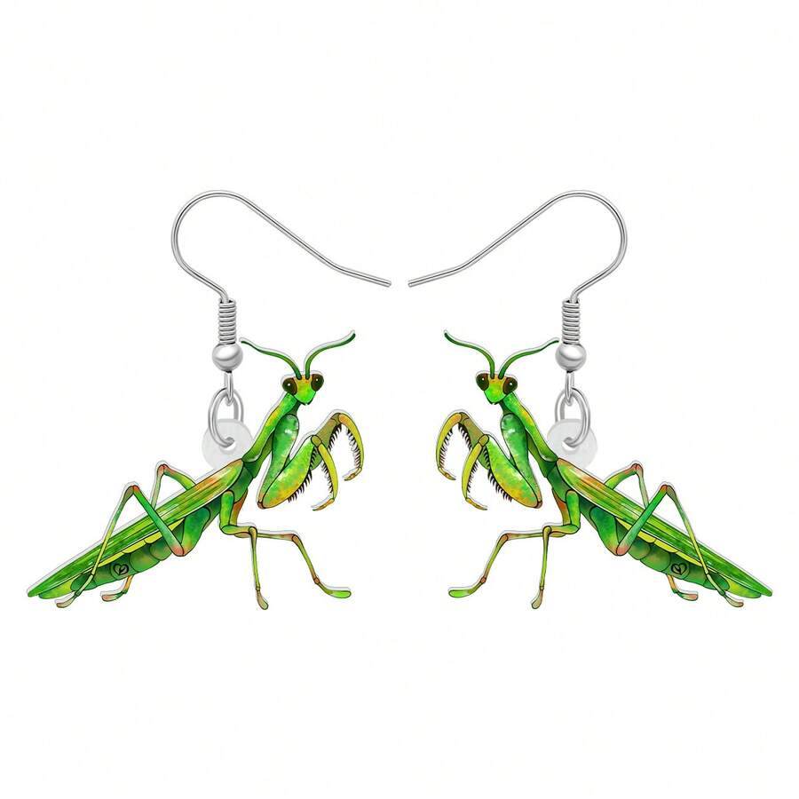 女士兒童魅力禮物配件,亞克力春夏綠色螳螂吊墜耳環珠寶 - 綠色 - 查看 1