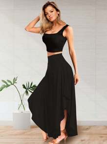 Falda Pantalón Largo de Corte Ancho y abertura en los laterales para Mujer - Negro - Ver 2