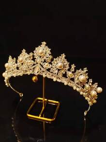 1個時尚華麗的花朵、珍珠、鑽石和水晶皇冠,適合18歲成年派對、公主裙和婚禮頭飾 - 彩色 - 查看 2