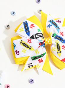 1入返校季兒童髮夾,卡通鉛筆印花蝴蝶結髮夾,適合女孩使用 - 彩色 - 查看 4