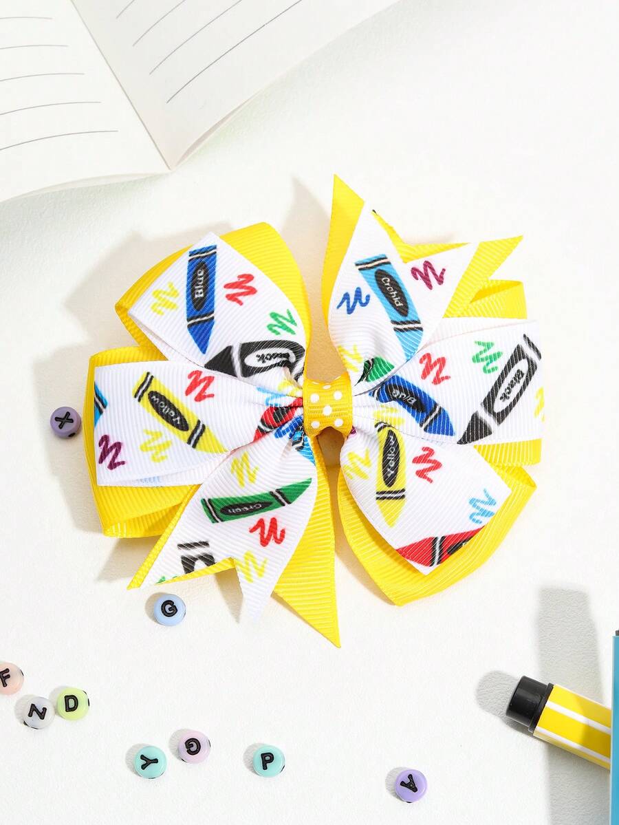 1入返校季兒童髮夾,卡通鉛筆印花蝴蝶結髮夾,適合女孩使用 - 彩色 - 查看 1