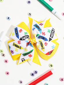 1入返校季兒童髮夾,卡通鉛筆印花蝴蝶結髮夾,適合女孩使用 - 彩色 - 查看 2