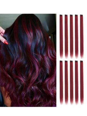 Colored Straight Clip Hair Red Pink Orange Purple Blue Green Dark Grey Extensions Party Highlights Clip Hair 22 Inch, Straight Hairpiece Clip In Synthetic Streak For Girls Women Hair Used Dairy Holiday New Year Gifts 10Pcs/Pack