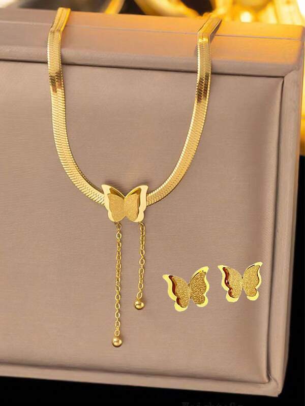 3pcs/Set 18k Gold-Plated Stainless Steel Butterfly Shaped Necklace And Earrings, Clear Crystal Inlaid, Suitable As Festival Gift For Women