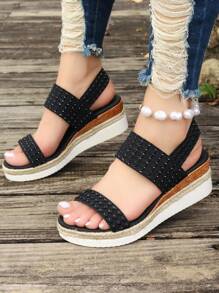 Giày sandal đế xuồng cao gót mùa hè mới với quai thun và mũi hở - màu đen - Xem 6