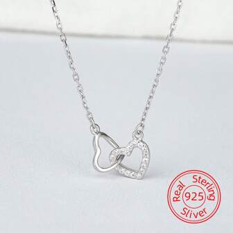 1pc Elegant S925 Sterling Silver Zirconia Heart Pendant Necklace, Luxury Jewelry For Women, Suitable For Daily Casual, Party, Gift, 1.73g