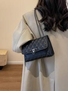 Fashionable Embossed Diamond Pattern Metal Chain Square Shoulder Bag - Black - View 6