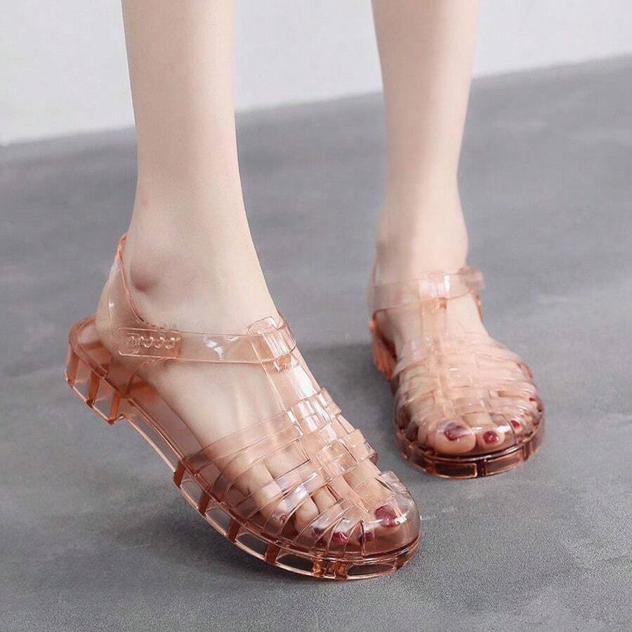 女式透踝扁平涼鞋,設有空心設計和水晶裝飾,適合夏季海灘度假或雨天 - 香檳色 - 查看 1