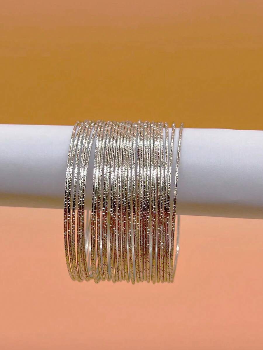 Metallic Bangle Bracelet With 30 Star-Shaped Charm Rings - Silver - View 1