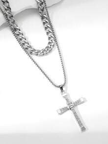 1入時尚嘻哈風格誇張的吊墜男士不鏽鋼雙層毛衣鍊 - 銀色 - 查看 8