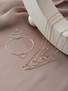 1set Women'S Gold-Tone Heart & Star Shape Necklace Bracelet Combo - Gold - View 1