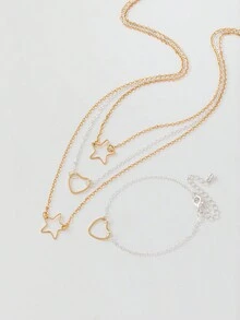 1set Women'S Gold-Tone Heart & Star Shape Necklace Bracelet Combo - Gold - View 2