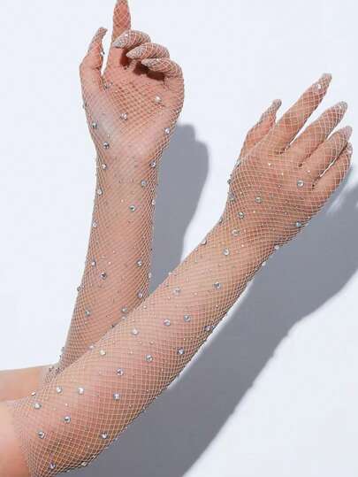 1 Pair Women's Rhinestone And Mesh Gloves For Nightclub, Wedding, Party, Dancing, And Other Events Halloween