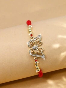 1 件時尚紅繩幸運結帶蝴蝶和水鑽鏈手鍊適合派對和節日作為禮物 - 金黃色 - 查看 3