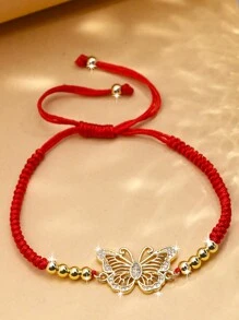 1 件時尚紅繩幸運結帶蝴蝶和水鑽鏈手鍊適合派對和節日作為禮物 - 金黃色 - 查看 1