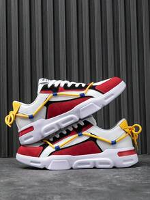 時尚的雙層鞋帶設計男性休閒鞋,輕便、舒適、防滑、適於遠足、時尚運動、戶外、休閒、平底滑板鞋 - 紅白色 - 查看 3