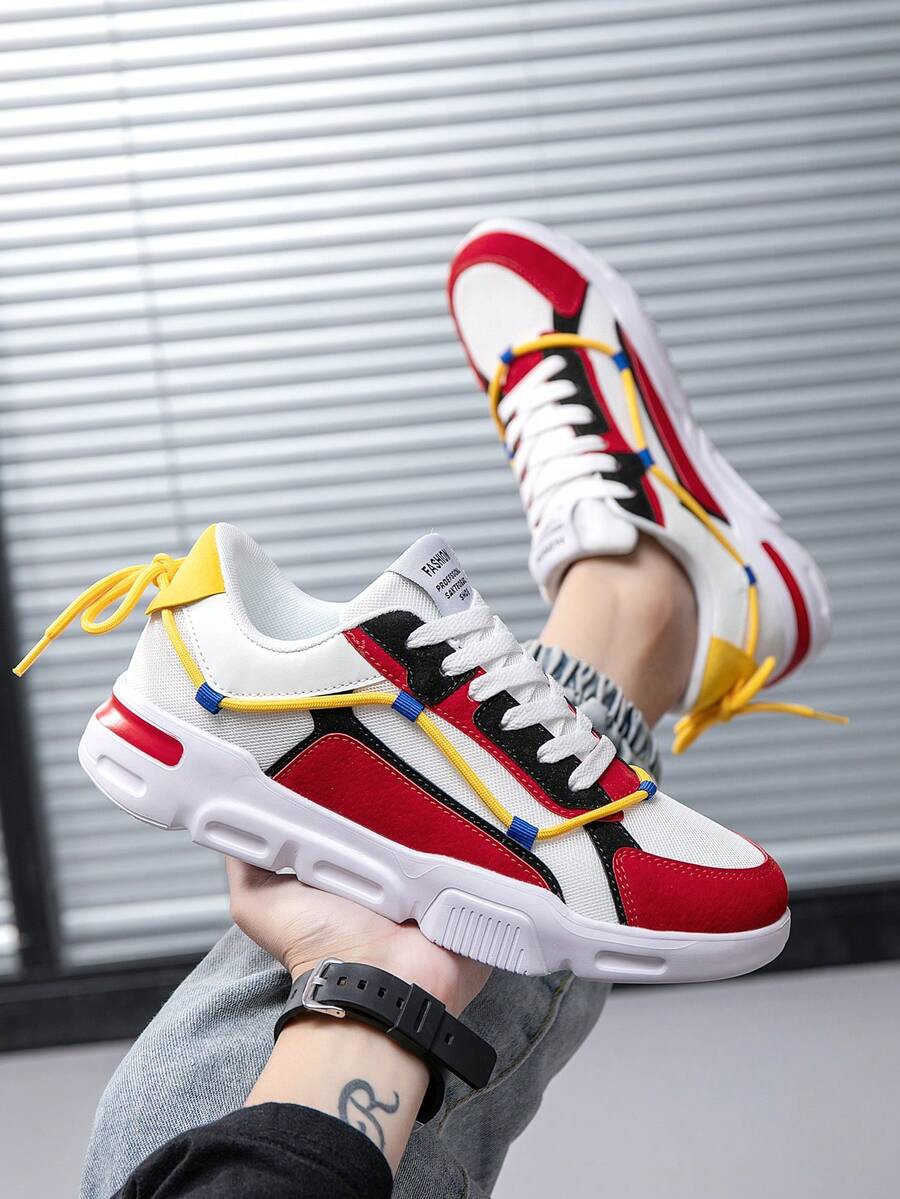 時尚的雙層鞋帶設計男性休閒鞋,輕便、舒適、防滑、適於遠足、時尚運動、戶外、休閒、平底滑板鞋 - 紅白色 - 查看 1