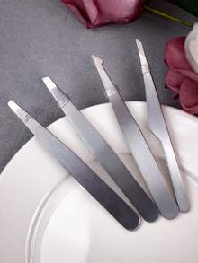 4入組高精度不銹鋼修指甲、眉毛、睫毛圓形鑷子,男士剃鬚毛、女士修眉鉗附有圓口、尖口、斜口、扁口鑷子 - 銀色 - 查看 5