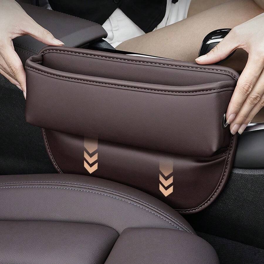 1pc Car Seat Gap Storage Box Made Of Pu Leather, Space-Saving Multi-Functional Car Interior Organizer - Beige - View 1