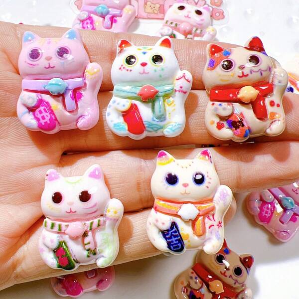 10pcs/Set Cute New Year Fortune Cat Cartoon Polyresin Diy Jewelry Accessory Crafting Material