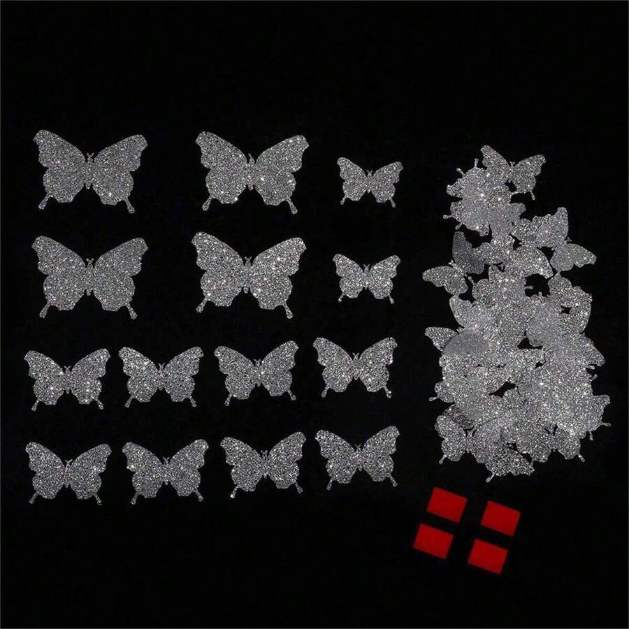 48入組蝴蝶貼紙,三維牆貼,適用於家居、房間、商店櫥窗、玻璃門裝飾 - 銀色 - 查看 1