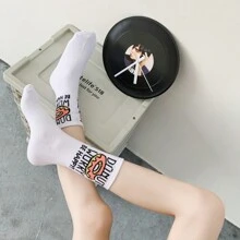 6雙組隨機圖案中筒情侶襪,適合全年日常使用 - 白色 - 查看 2