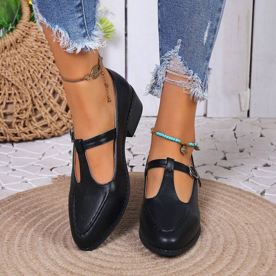 女士純色高跟鞋，帶扣裝飾的休閒優雅風格，低幫黑色通勤時尚鞋，適用於春夏季 - 黑色 - 查看 1