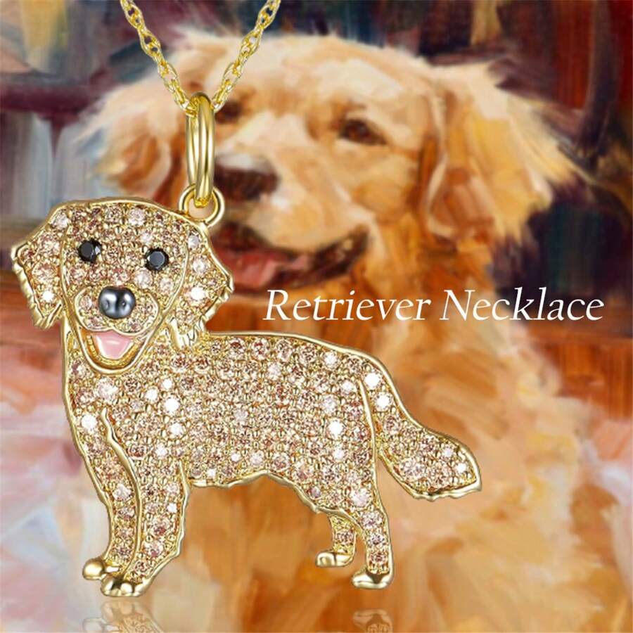 1Pc Cute Golden Retriever Shining Rhinestone Pet Pendant Necklace Exquisite Dog Animal Jewelry Accessories Dog Lovers For Gift - Gold - View 1