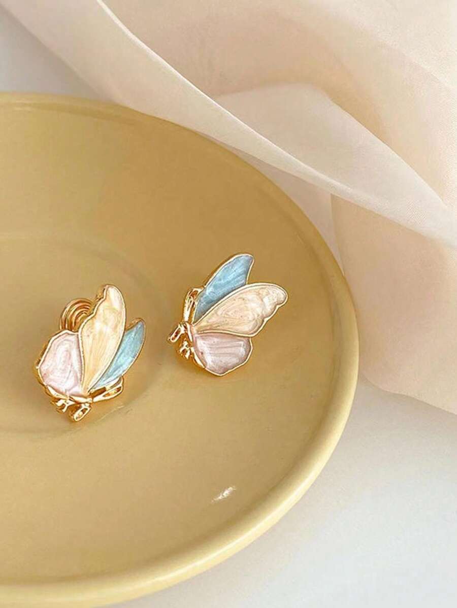 1pair Korean-Style Simple Fashionable Butterfly Shaped Ear Clip With Oil Drip Design, Sweet & Cute & Colorful - Multicolor - View 1