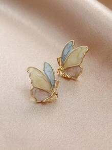 1pair Korean-Style Simple Fashionable Butterfly Shaped Ear Clip With Oil Drip Design, Sweet & Cute & Colorful - Multicolor - View 3
