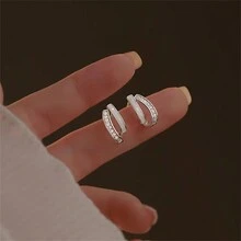 2 chiếc hoa tai hai lớp bằng bạc Sterling 925 thời trang với đá Cubic Zirconia & thiết kế hai hàng bất đối xứng, phù hợp để phụ nữ đeo hàng ngày - bông tai hai lớp - Xem 13