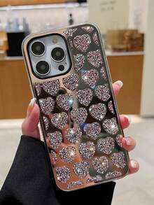 1pc Anti-Drop, High-End, Luxurious, Fashionable Heart Shaped Rhinestone Mirror Phone Case Compatible With IPhone - Rose Gold - View 2
