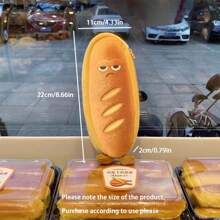 1个造型可爱的面包形状铅笔盒，3种形状可选，卡通吐司表情图案设计，创意学生文具，柔软厚实的收纳袋，便携式化妆包 - 橘色 - 查看 3