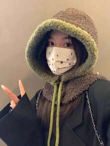 1pc Women's Coffee Brown Color Block Brim Bucket Hat With Drawstring & Plush Earflaps - Coffee Brown - View 2