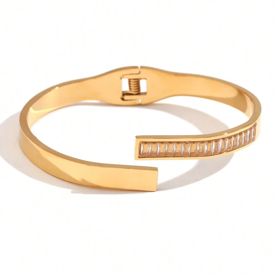 Asymetrical Rectangle Shaped Zirconia Open Ended Bangle Bracelet With Spring Clasp - Gold - Asymmetrical Rectangular Spring Clasp Open Bracelet - Gold - View 1