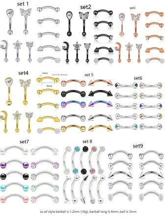 10 ชิ้น 16G สแตนเลส ต่างหู ท้อง แหวนริมฝีปาก คิ้ว สตั๊ด ติ่งหน้ารูหู เพชรคิวบิกเซอร์โคเนีย บาร์เบลล์ การเจาะร่างกาย 8 มม. ( 5/16" )