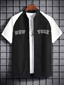 男士彩色拼接字母印花夏季短袖運動t恤 - 黑色 - 查看 1