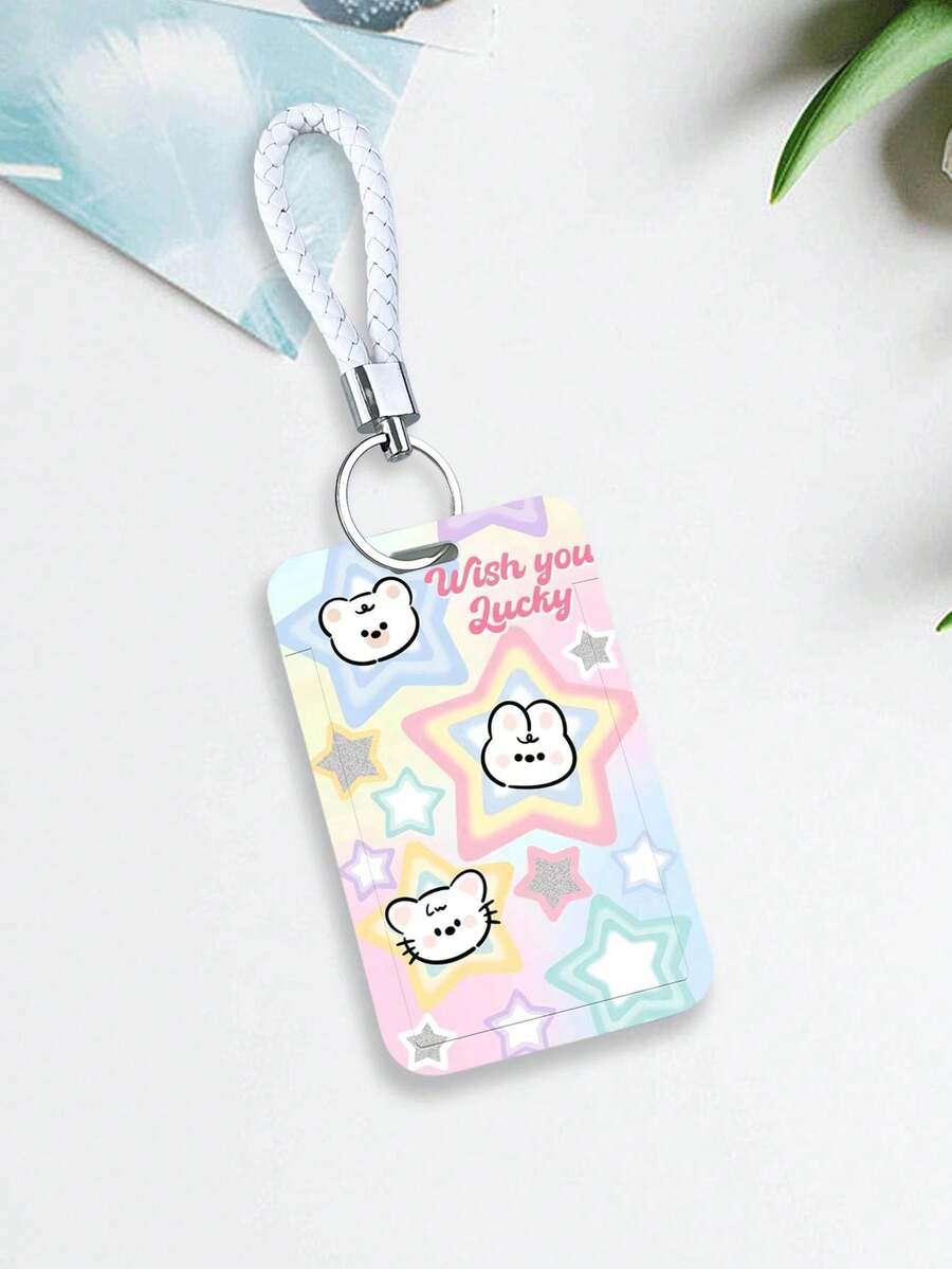 1pc Fresh Oil Painting Design Card Holder For Student Id, Bus Pass, Meal Card, Factory Badge, Access Card, Subway Pass With Lanyard - White - View 1