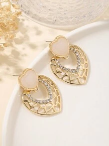 1對女士心形中空與鑽石裝飾金屬時尚耳環,適合日常佩戴 - 彩色 - 查看 1