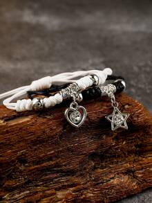 2入組簡約時尚星形和心型吊墜情侶黑白編織手鍊 - 星星愛心 - 查看 2