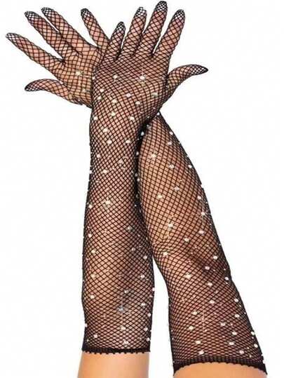 زوج من قفازات طول الكوع للنساء مزخرفة بالراين والشبك، مناسبة للنوادي الليلية، الأعراس، الثياب الرسمية أو الرقص، أو حفلات الزفاف والهالوين