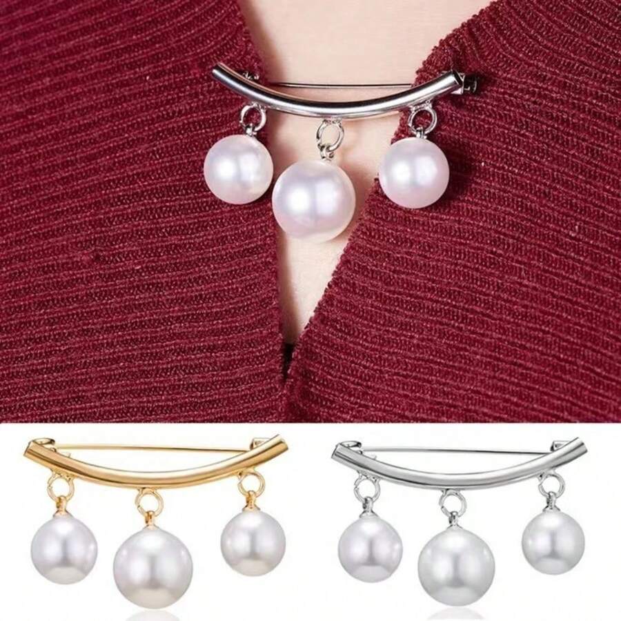 1pc Women's Silver Pearl Zinc Alloy Brooch, Suitable For Holding Scarves, Belts, Clothes - Silver - View 1