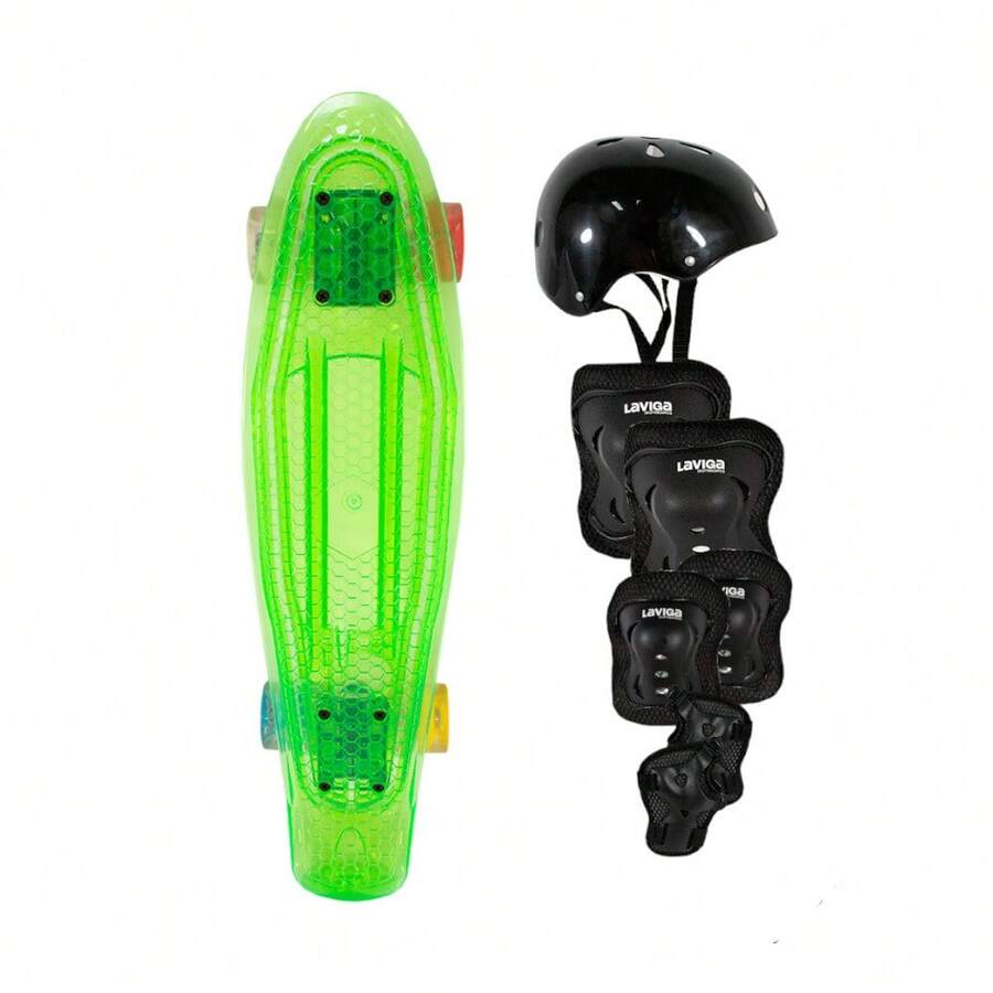 Patineta de Plástico Transparente Skateboard Corte Cruiser Mini Luz Led en Ruedas Patinete Monopatin Juvenil + Casco con protecciones Rodilleras, muñequeras y coderas - Verde - Ver 1