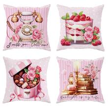 4入組情人節手機書蛋糕巧克力花粉色抱枕套,情人節抱枕套,45*45公分/18"*18"雪紡裝飾靠墊套,適用於情人節派對,客廳,臥室,沙發,床鋪裝飾精美禮品 - 粉色 - 查看 1