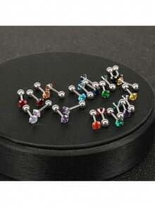 不锈钢 18K 镀金银明亮式切割水钻方晶锆石耳环 - 彩色 - 查看 4