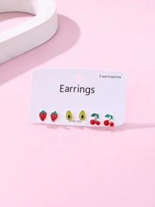 3入組/對女孩子水果造形鋅合金&可愛滴油多彩耳環套裝,適用於日常穿著 - 彩色 - 查看 1