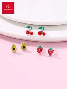 3入組/對女孩子水果造形鋅合金&可愛滴油多彩耳環套裝,適用於日常穿著 - 彩色 - 查看 4