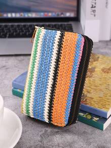 1pc Multicolor 2023 New Arrived Women's Wallet, Casual Braided Double Zipper Short Purse, Large Capacity Handheld Bag, Retro & High-End - Multicolor - View 3