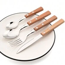 Knife Fork Teaspoon With Wooden Handle 304 Stainless Steel Cutlery Set 24Pcs Tableware Mirror Dinnerware Home Flatware Kitchen - Champagne - View 6